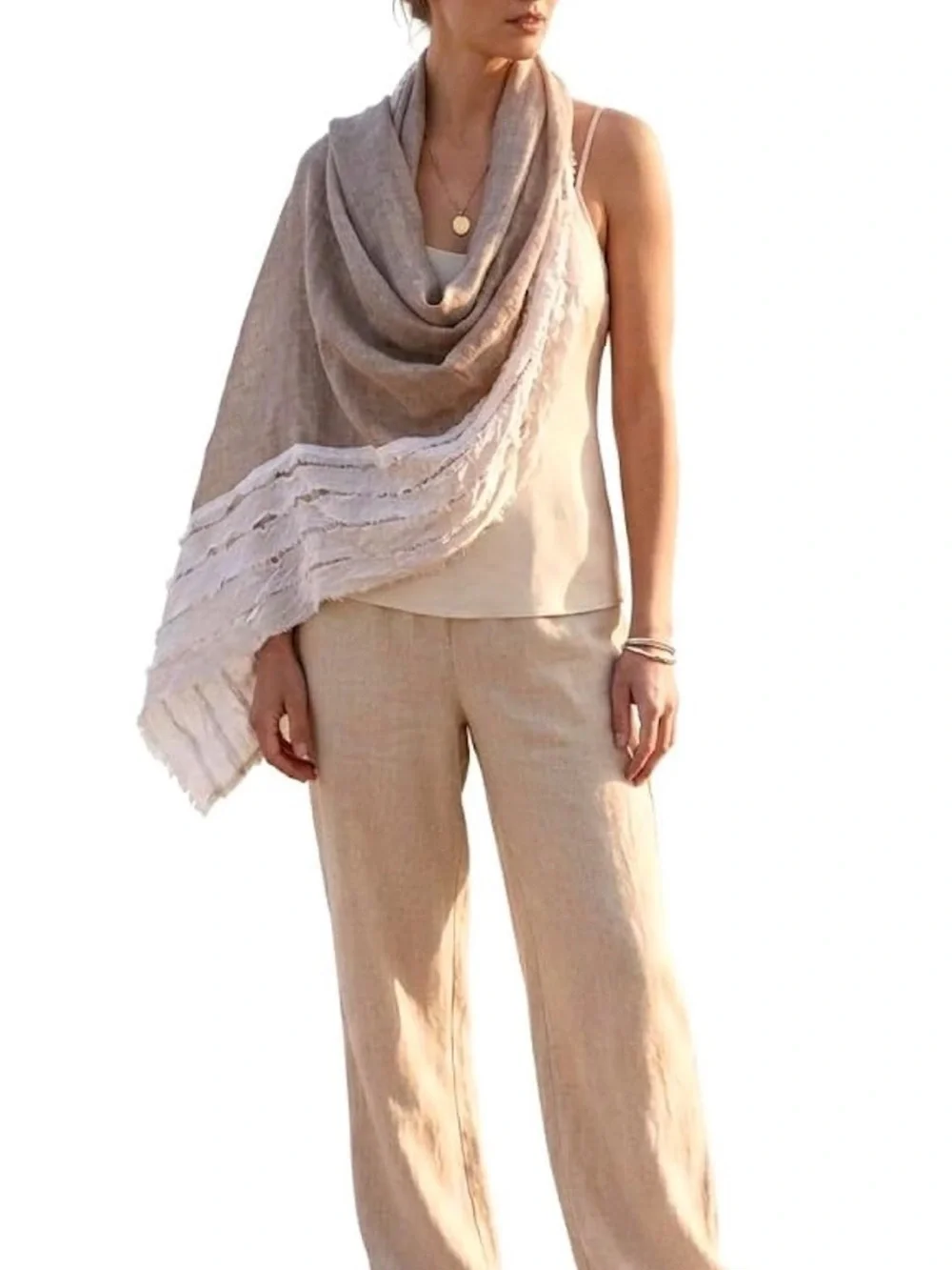 Linen Fringe Scarf - Taupe/White